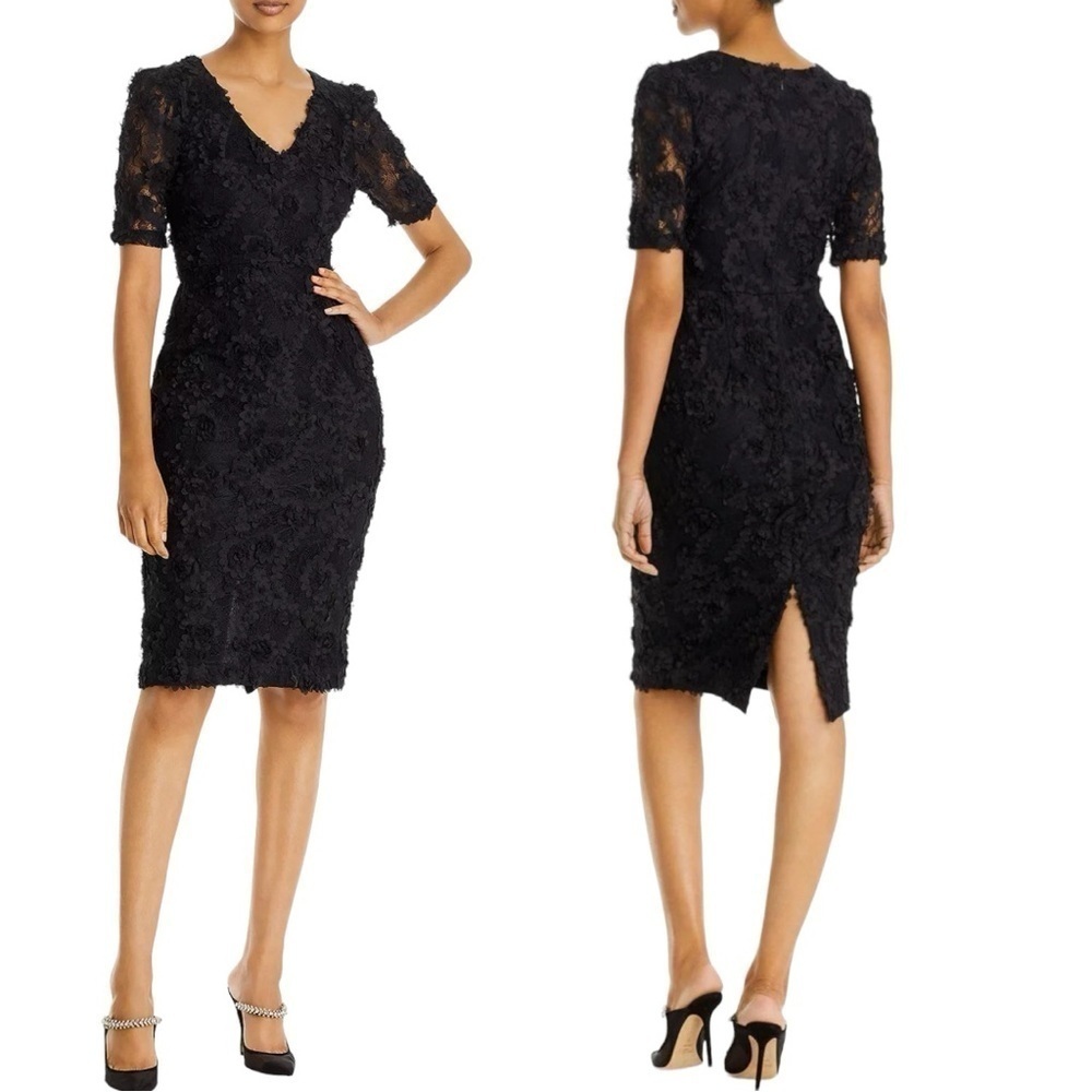 NWT Aqua Bloomingdale’s Lace Applique Short Sleeve Black Cocktail Dress Size 6